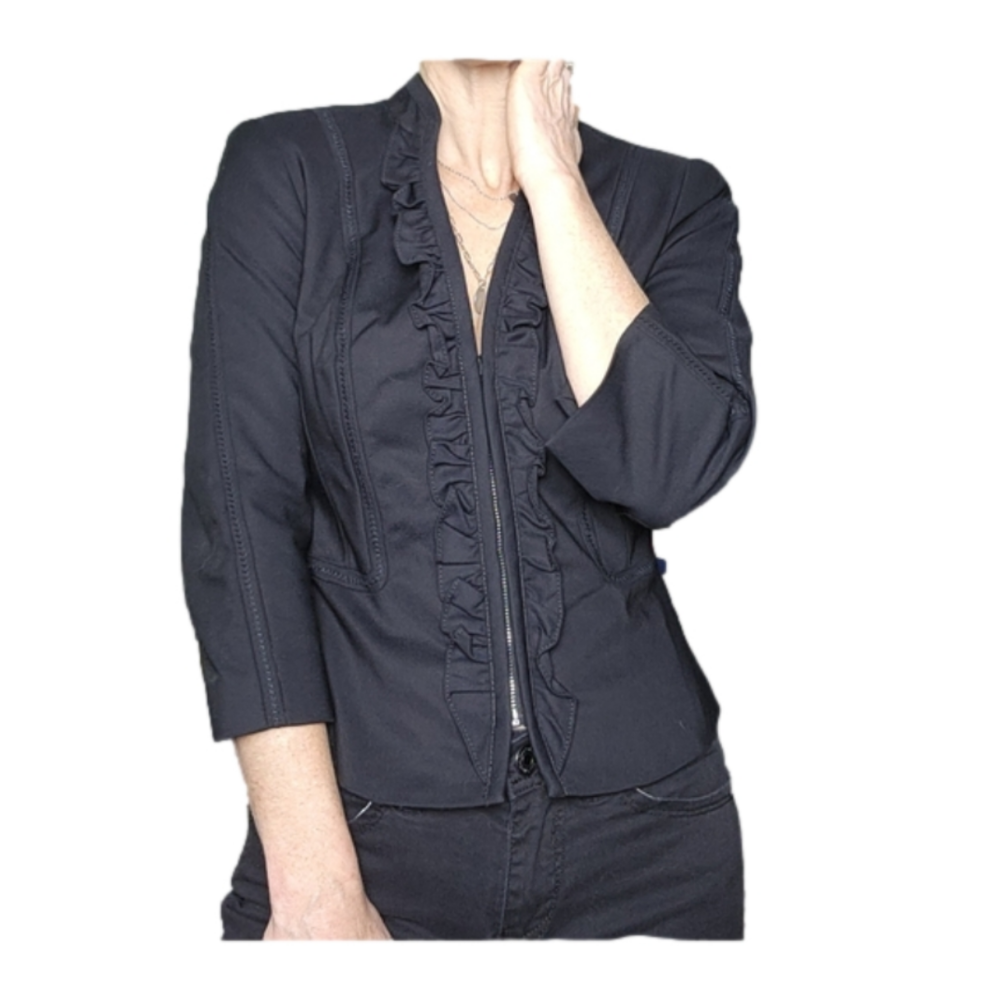 Blazer Jacket ruffled Fitted Cotton blend Zipper Black color Size 0 WHBM
